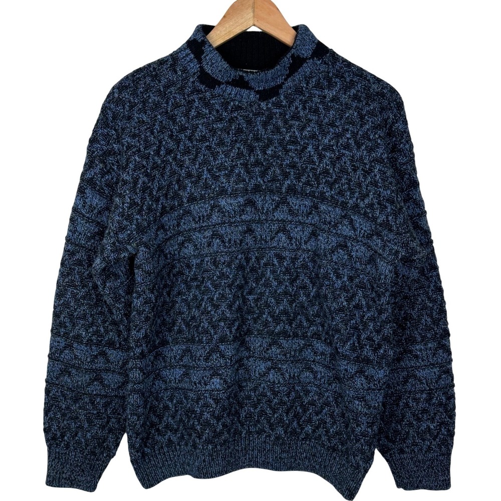 Vintage JJ Cochran‎ Sweater Mens L Blue Black Geometric Knit Mock Neck Made USA